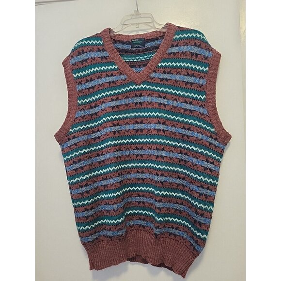 Vintage Men's Arrow Fairisle Vest V Neck Burnt Orange Green Blue XL - Picture 1 of 7